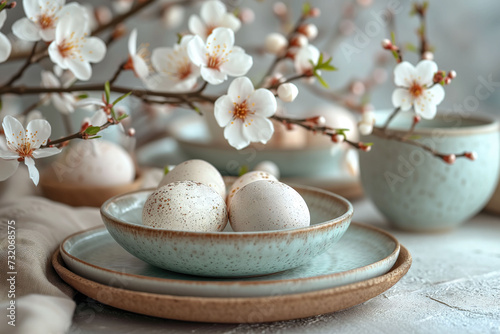 Nature's Breakfast, a Harmony of Speckled Easter Eggs, Earthy Ceramics, and Tender Springtime Flowers