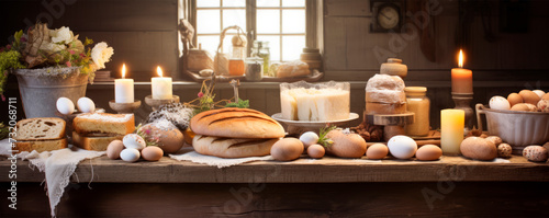 A homely kitchen scene with an array of baked goods, eggs, flour, and burning candles suggesting a festive atmosphere, likely Easter, with a sense of warmth and home cooking.