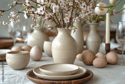 Spring's Gentle Arrival, Speckled Easter Eggs and Blossoms on Rustic Ceramics, A Homely Tribute to Nature's Rebirth