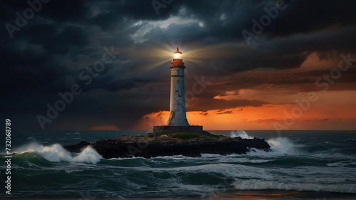 Lighthouse on the seaside, stormy sea with thunderclouds, the lighthouse beam shining far. The lighthouse as a symbol of hope.