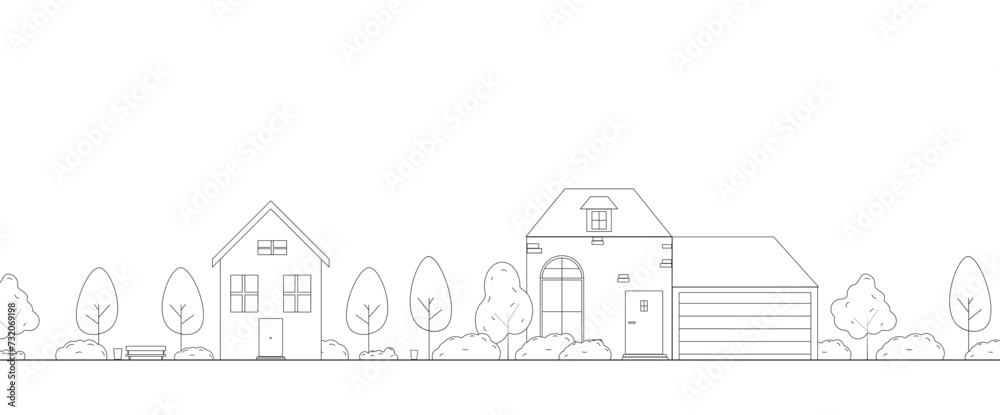 House with trees in doodle style. Linear simple city landscape. Illustration in flat style.