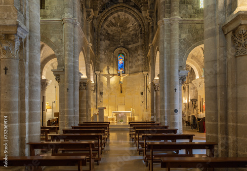 MATERA, ITALY - MARCH 7, 2022: The nave of gothic church Chiesa di San Giovanni Battista.