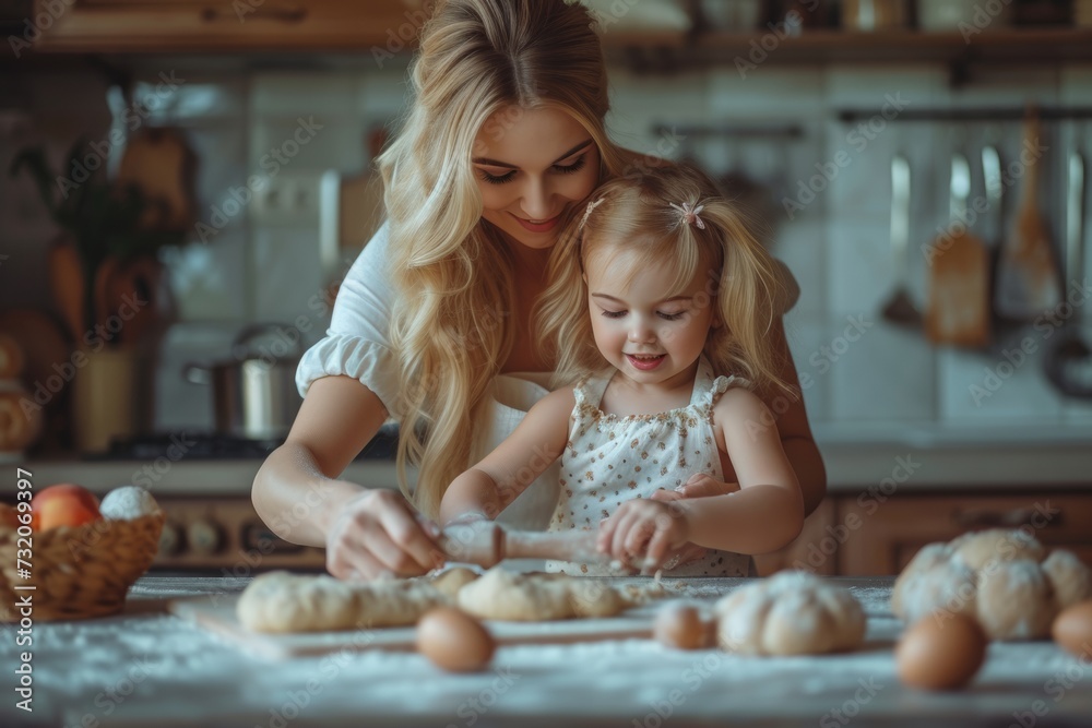 A Mother and Daughter Share a Moment of Joy While Baking Together in a Modern Kitchen. With Copy Space. AI Generative.