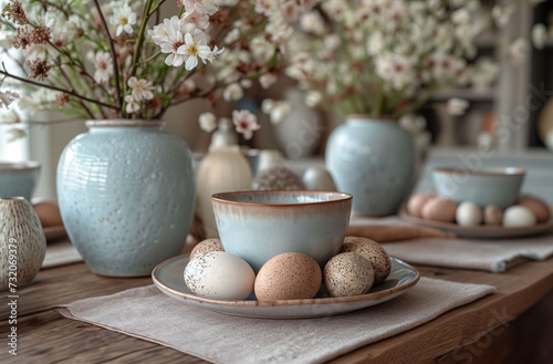 Country Kitchen Easter, Speckled Eggs on Stoneware, Accented by the Tender Hues of Spring Florals