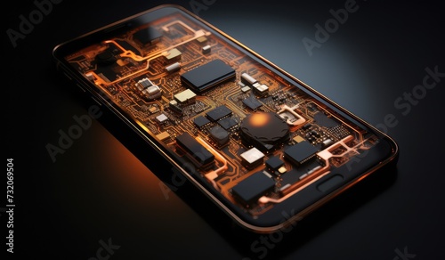 Intricate Smartphone Circuit Board Artwork in Bronze and Amber Tones photo