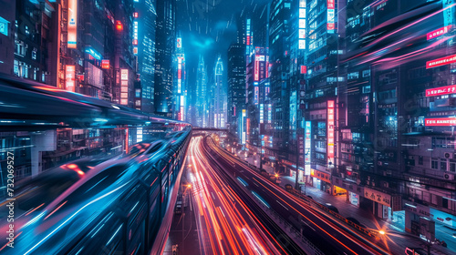 futuristic cityscape at night  illuminated by energy-efficient LED lights  with flying cars and pedestrians on moving walkways  in a harmonious blend of technology and urban life