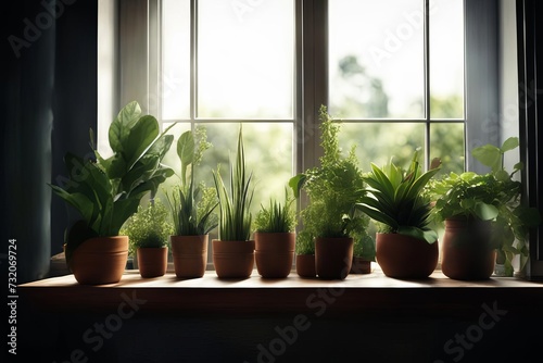 Green houseplants in brown clay pots on windowsill by window on summer day