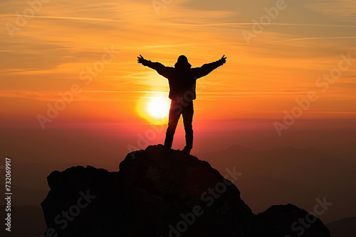 silhouette of a person standing at the top of a mountain, arms spread wide, facing a rising sun, conveying a sense of achievement and empowerment