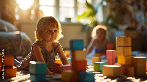 Two children engrossed in playing with colorful building blocks in a room bathed in warm sunlight.