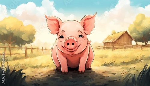 Cute hand-drawn piglet looking at camera and sitting on farm against wooden house with fence background