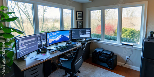 organized and tidy home office, with a clean desk, multiple screens displaying productivity tools, and a serene view out of a large window photo