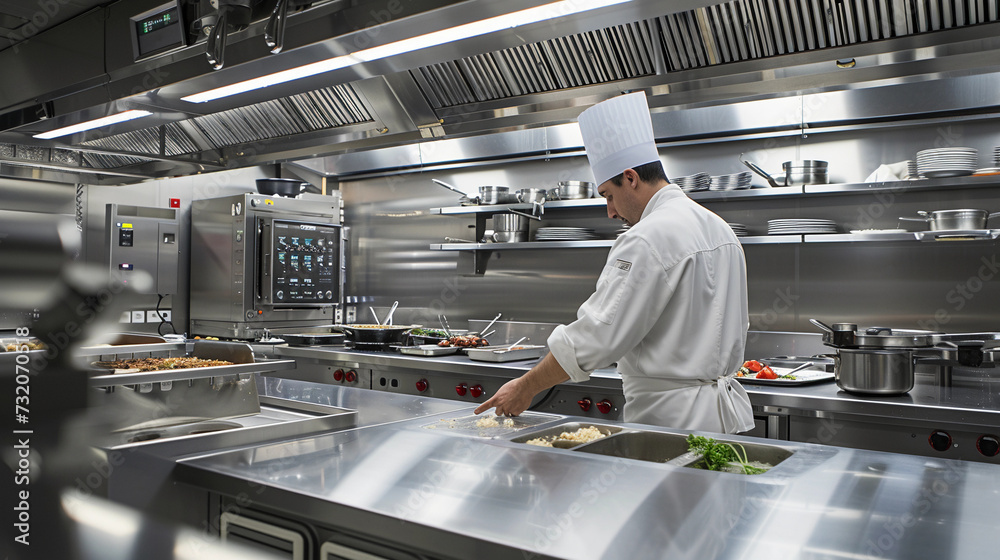 chef in a modern, stainless steel commercial kitchen, preparing meals with practiced speed and precision, surrounded by state-of-the-art cooking equipment