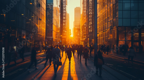 urban street at dawn, the golden morning light reflecting off towering glass skyscrapers, people moving briskly, exuding a sense of purpose and efficiency © Marco Attano