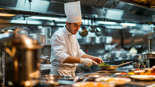 chef in a modern, stainless steel commercial kitchen, preparing meals with practiced speed and precision, surrounded by state-of-the-art cooking equipment