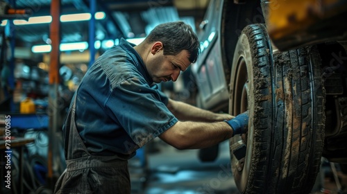 In a bustling workshop, a skilled car mechanic focuses intently on changing a tire © DreamPointArt
