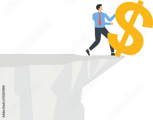 Businessman pushes the dollar down the cliff
