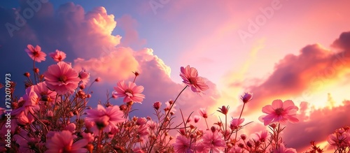 A serene natural landscape with a field of pink flowers  their petals creating a captivating atmosphere  as a colorful sunset paints the sky in the background.