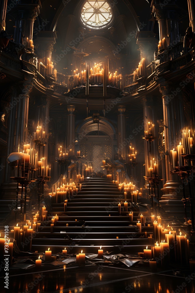 dark atmospheric gothic castle with burning candles