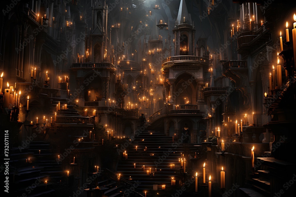 dark atmospheric gothic castle with burning candles