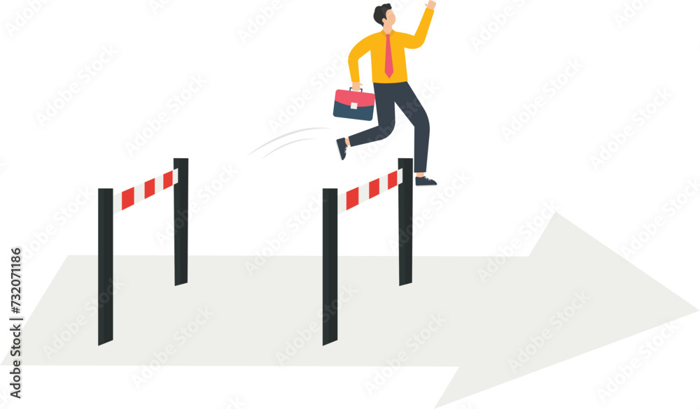 Businessman crosses obstacles on the arrow and goes forward
Businessman crosses obstacles on the arrow and goes forward