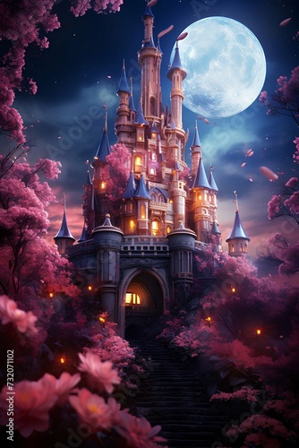 magical ancient castle with pink flowers in night time full moon