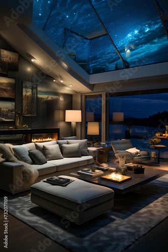 modern luxury living room interior design in dark colors with large windows © Maya Kruchancova