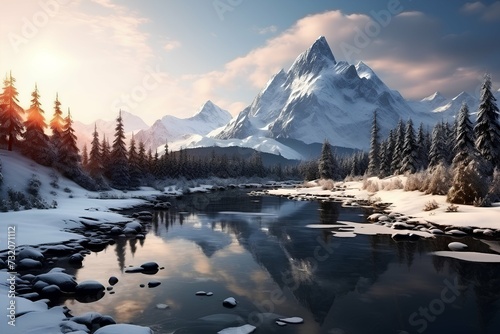 snowy mountain landscape with clear river
