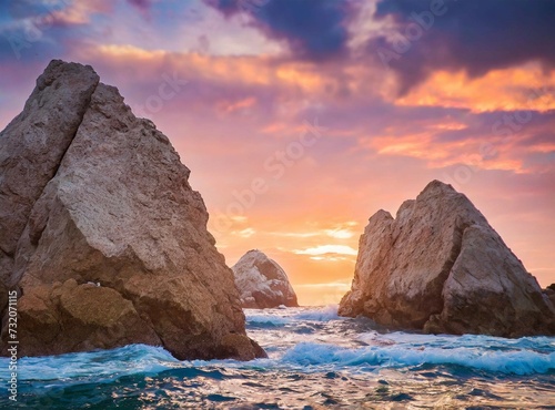 Sunset over rocky beach coast