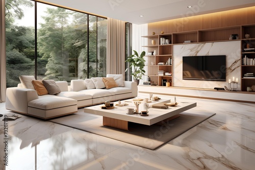 modern luxury living room inerior design in light colors with large window