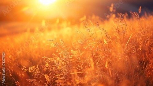 Vibrant orange grass meadow under a golden sunlight. © DreamPointArt