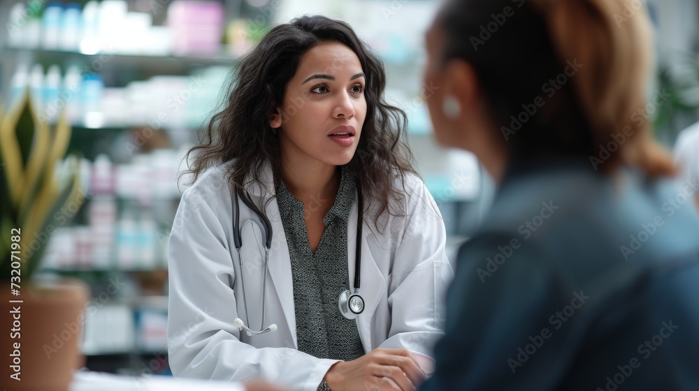 Woman Talking to Doctor in Pharmacy