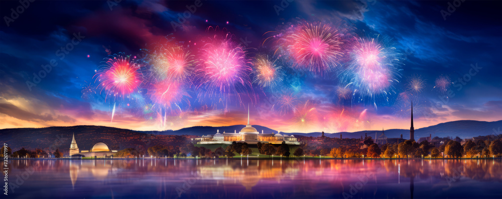 A breathtaking fireworks display at twilight over a city, with an array of colors lighting up the clouds, creating a mood of grandeur and festivity over the urban landscape. A breathtaking fireworks display at twilight over a city, with an array of colors lighting up the clouds, creating a mood of grandeur and festivity over the urban landscape.