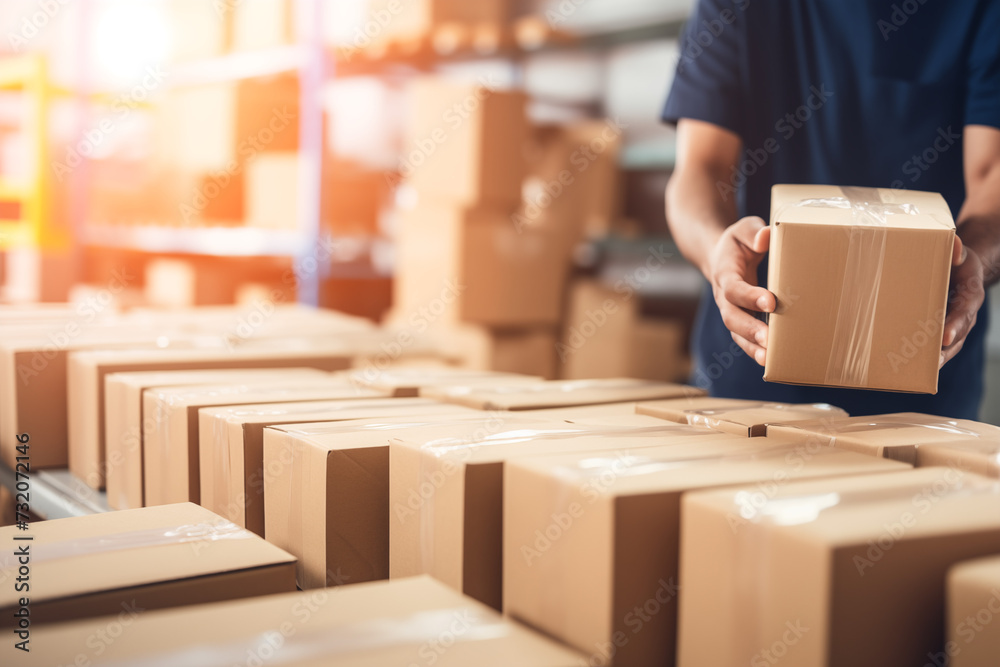 Warehouse worker holding parcel box in warehouse. This is a freight transportation and distribution warehouse. Warehouse worker holding parcel box in warehouse. This is a freight transportation and distribution warehouse.