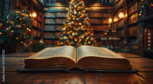 A festive christmas tree stands tall in the background, while an open book rests on the table, inviting readers to escape into the magical world of holiday literature the warm glow of indoor lights a