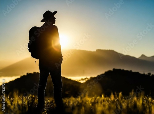 Traveler Backpacker silhouette on the peak of a mountain range. Travel Background with Copy Space for Text.