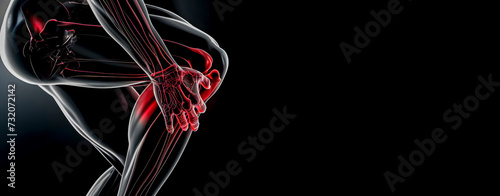 Illustration of a football or soccer player with knee injury on black background. Space for text.