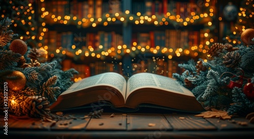 A festive scene  glowing with the warmth of christmas eve  as a book awaits to be opened under the twinkling lights of a decorated tree in an inviting indoor setting