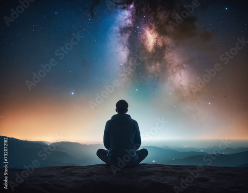 Silhouette of a man sitting under a starry sky. Mental health concept. Meditation, Introspection concept.