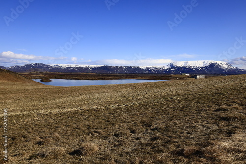 Mývatn is a shallow lake situated in an area of active volcanism in the north of Iceland, near Krafla volcano