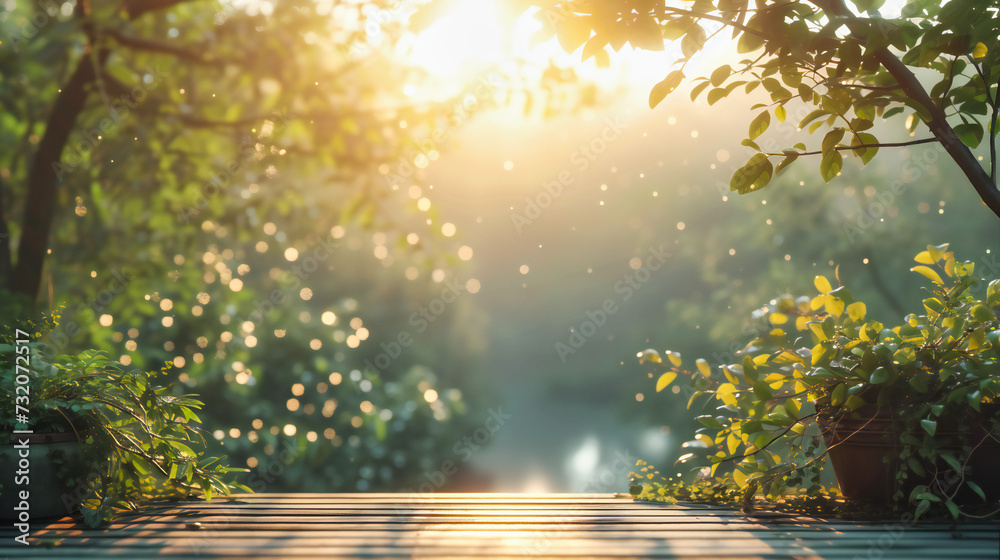 Serene Summer Forest View, Wooden Table Against Blurred Green Nature Background