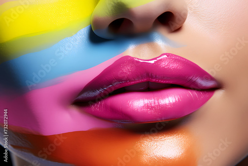 Close-up of a womans lips with bright colorful makeup. Multicolor face paint. Pink glossy lipstick.