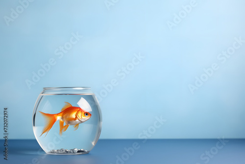 Vibrant Goldfish Swimming in Glass Bowl on Blue Background with Copy Space