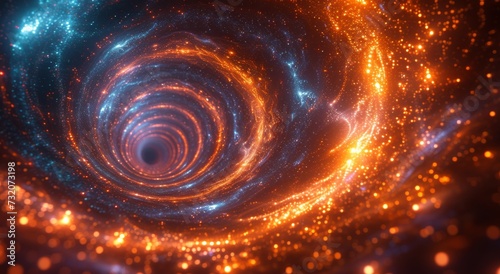 A mesmerizing journey through the vast expanse of the universe, guided by a glowing spiral vortex of fractal art and illuminated by cascading lights from distant stars
