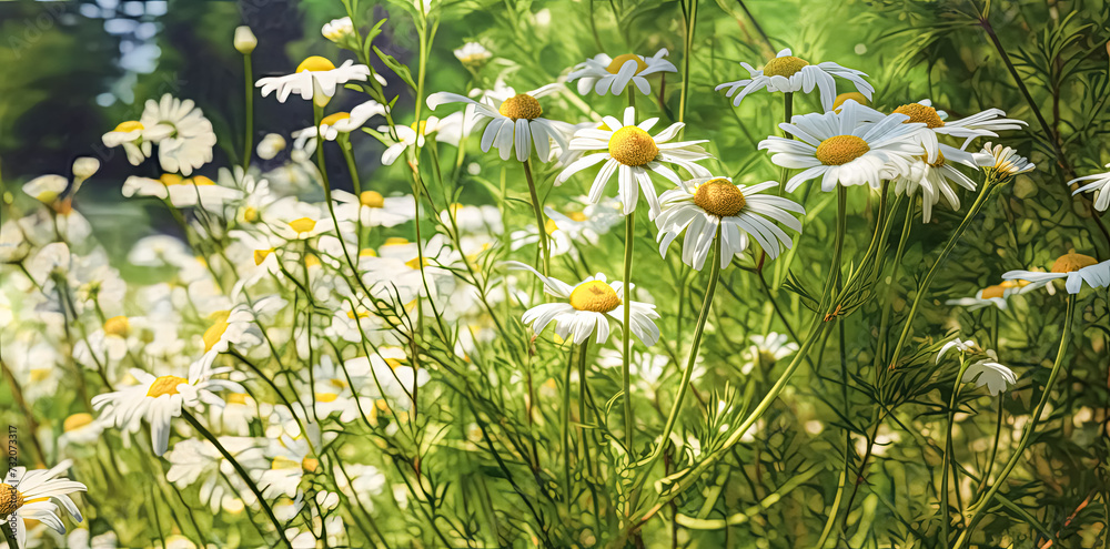 Close up soft focus nature background featuring wild camomile flowers.