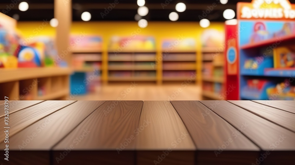 Empty wooden table top with blur background of toy store. Generated with AI