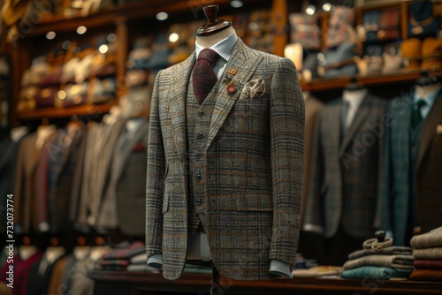A stylish suit hangs on a mannequin in a boutique, showcasing the latest fashion design and inviting customers to envision themselves wearing it