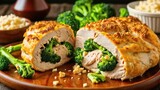 A plate of stuffed chicken breasts with cheese and broccoli, sliced in half to reveal the filling.