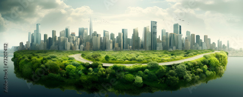 A futuristic cityscape blending urban structures with lush greenery, reflecting a concept of eco-friendliness and harmony between nature and technology.