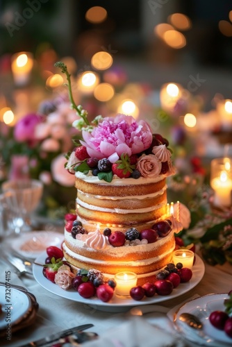Elegant Wedding Cake With Flowers and Berries