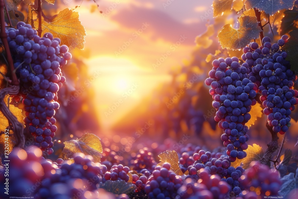 Amidst the lush green vines, a cluster of juicy grapes bask in the warm sunlight, beckoning to be plucked and savored as the ultimate fruit of nature's bounty
